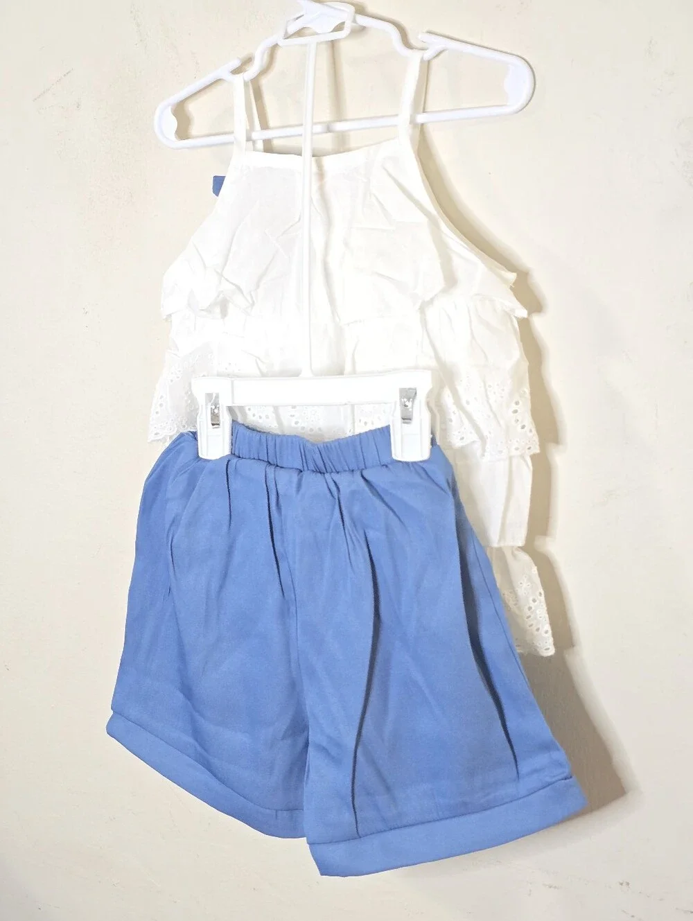 Girls White Eyelet Ruffle Tank & Blue Shorts Set Size 120 Summer Outfit Bow
